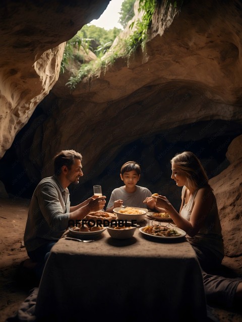 A family of three sitting at a table in a cave