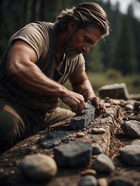 Man working on a rock carving