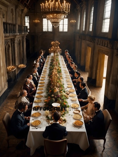 A long table with a large centerpiece of flowers and fruit