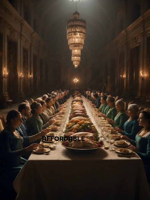 A group of people are sitting at a long table with a large feast