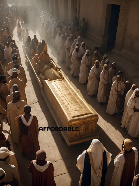 A group of people are standing around a gold casket