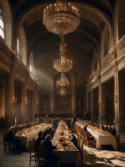 A formal dinner party in a grand hall