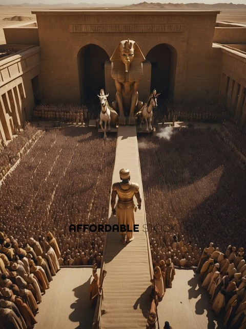 A statue of a pharaoh walking down a pathway in front of a crowd