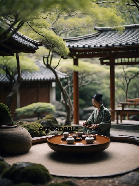 A woman in a Japanese garden setting, sitting in front of a wooden table with tea cups and bowls