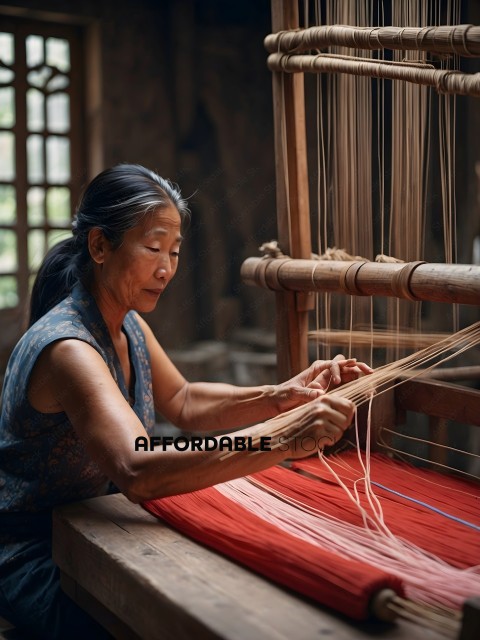 An Asian woman weaving a red fabric