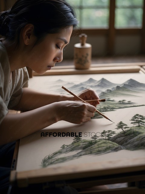 Woman drawing a mountain landscape on a piece of paper