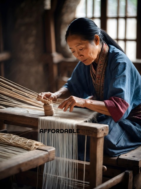 An Asian woman weaving with a spindle and thread