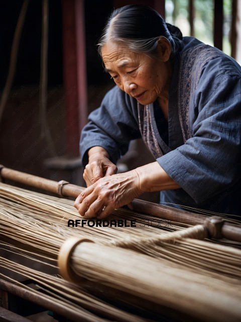 An elderly woman weaving a basket