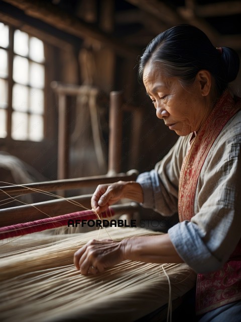 An Asian woman weaving with a loom