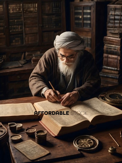 An older man writing in a library