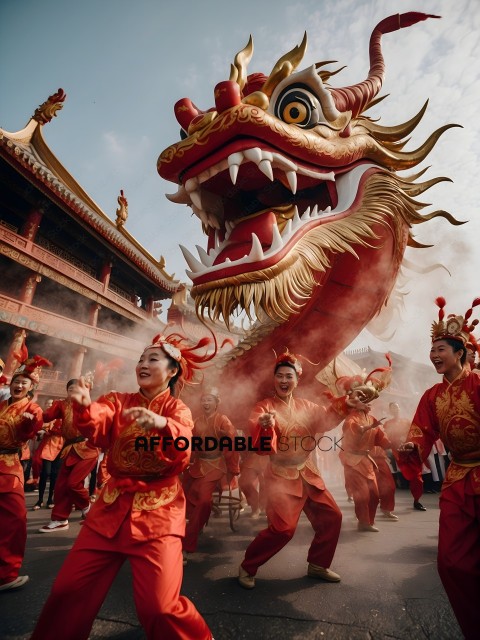 Chinese dragon dance with people in red