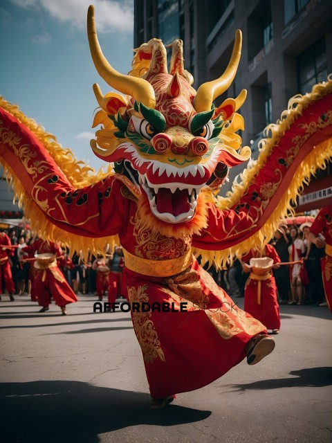 Dragon Masked Dancer in Red and Gold Costume