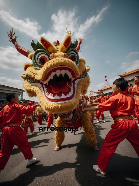 Children and adults dressed in red and yellow perform a dragon dance