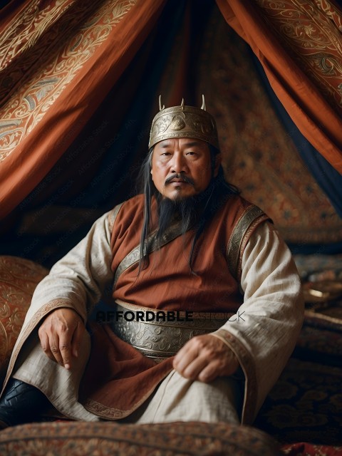 An Asian man wearing a hat and a long robe