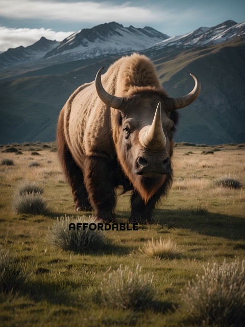 A large bison with horns in a field