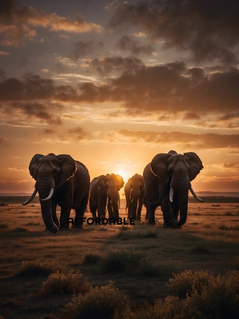 Elephants in the wild at sunset