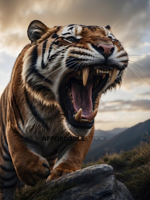A tiger roars in the wild with mountains in the background