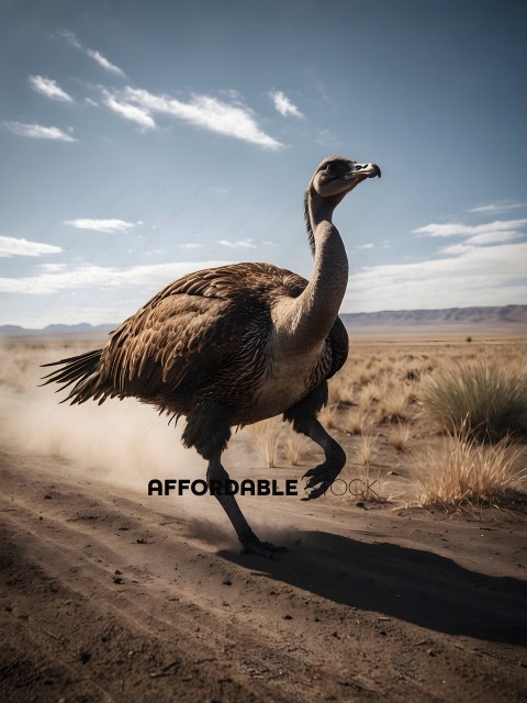 A large bird with a long neck and tail is running on a dirt road