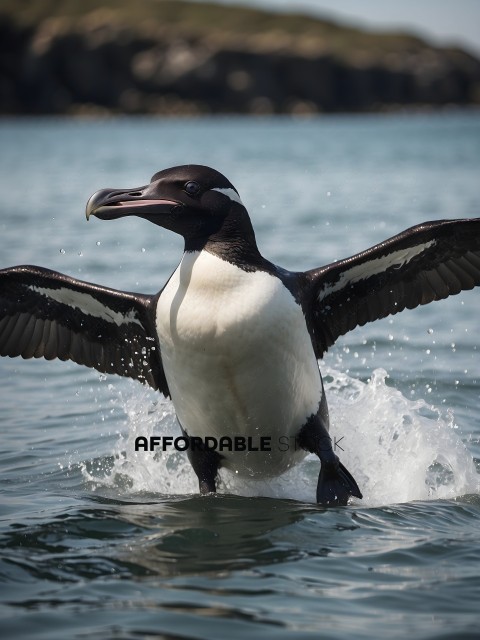 A penguin standing in the water with its wings outstretched