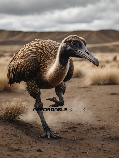 A large bird with a long neck and legs running in the desert