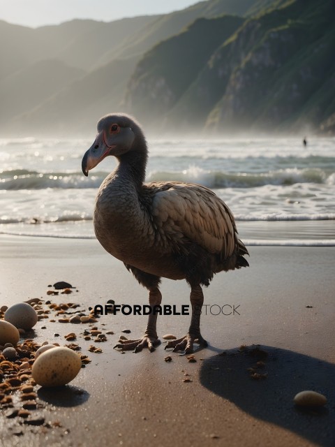 A bird standing on a beach with eggs