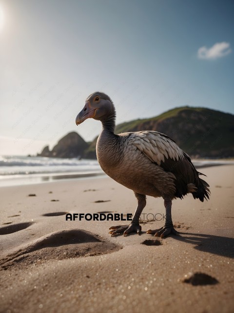 A large bird standing on the beach