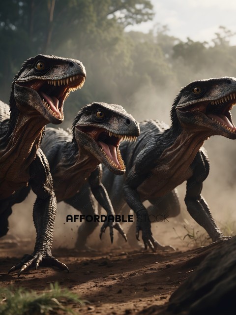 Dinosaurs with mouths open in a line