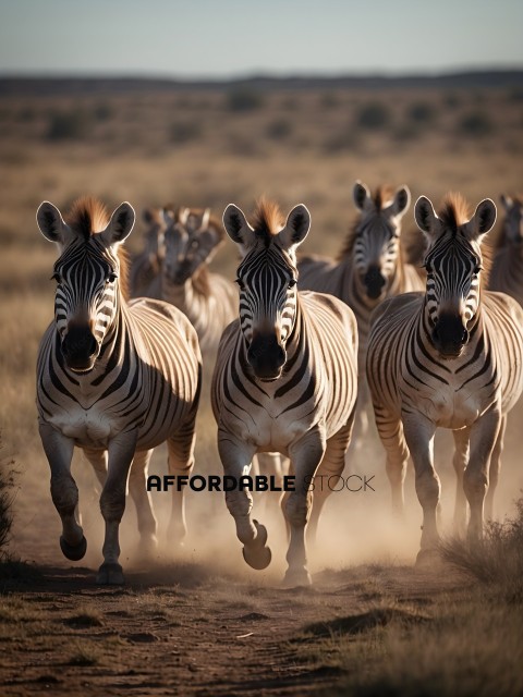 Zebras running in a line through a field