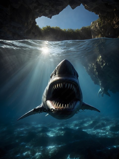 Shark with open mouth swimming in ocean