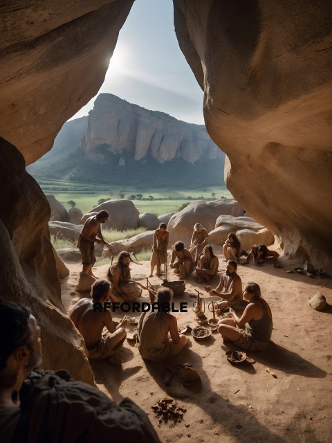A group of people sitting in a cave
