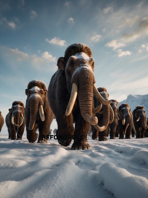 A herd of wooly mammoths in the snow