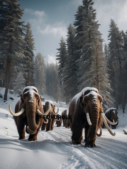 A herd of elephants walking through the snow