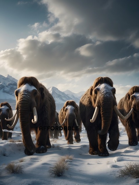 A herd of elephants walking in the snow