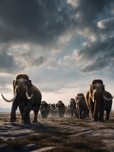 Elephants marching in a line in a field