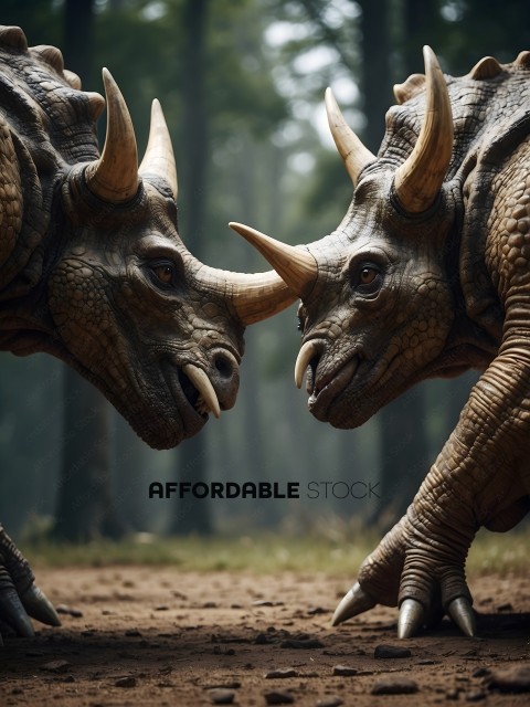Two dinosaurs with long horns and tusks