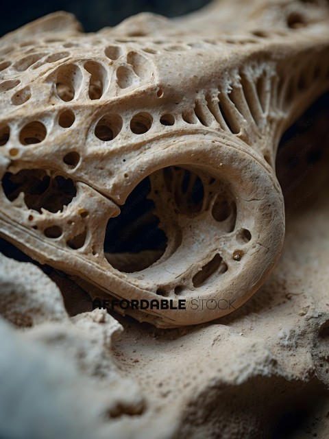 A close up of a fossilized bone with holes in it