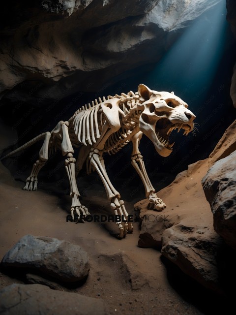 Skeleton of a lion in a cave