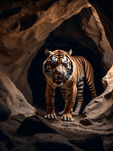 A tiger is standing in a cave with its mouth open