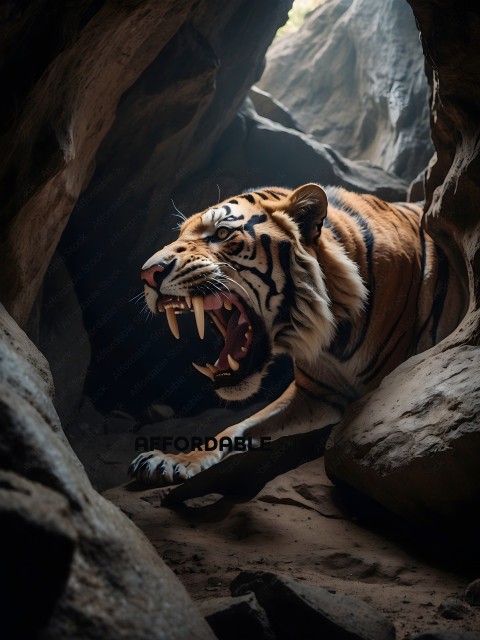 A tiger is growling in a cave
