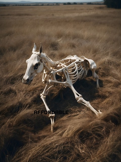 A skeleton horse in a field
