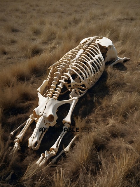 A skeleton of a cow laying on the ground