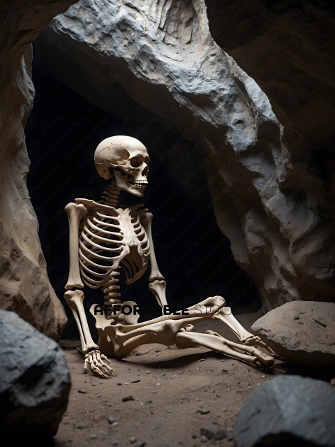 Skeleton sitting in a cave