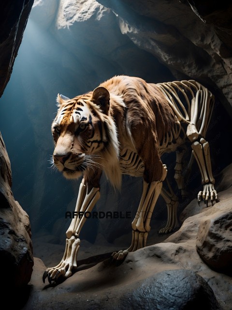 A skeleton tiger is walking through a cave