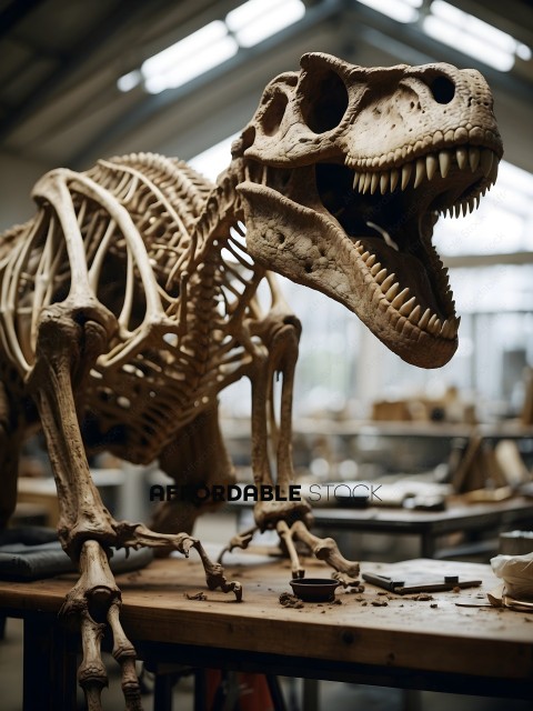A skeleton dinosaur sculpture with a mouth open