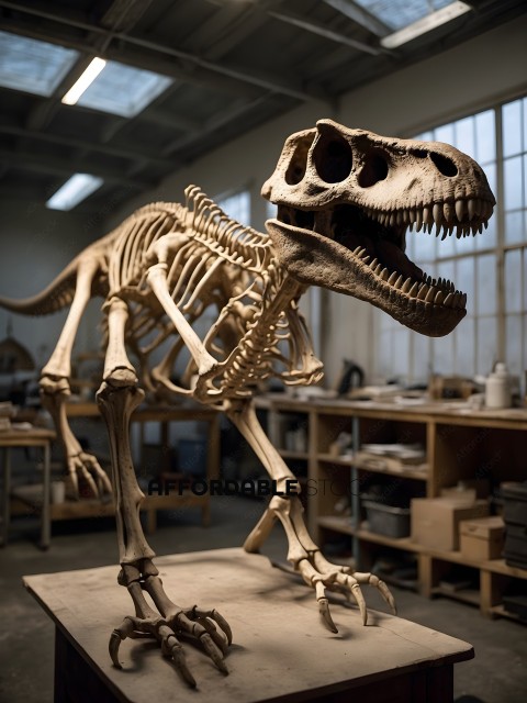 A skeleton dinosaur head with a mouth open