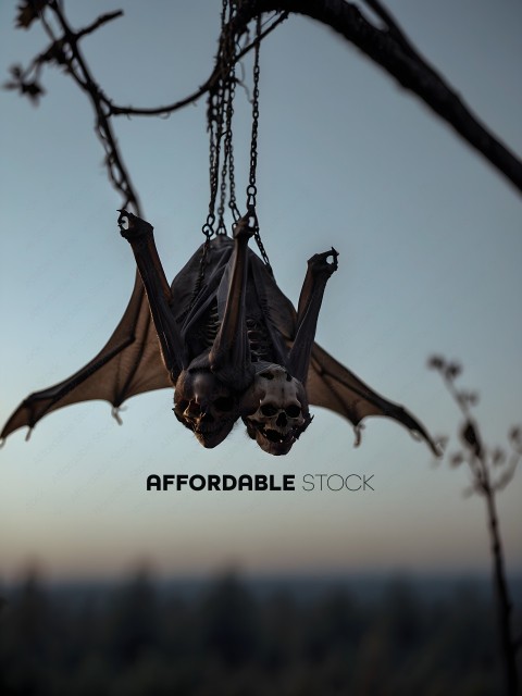 A pair of skeleton bats hanging from a chain