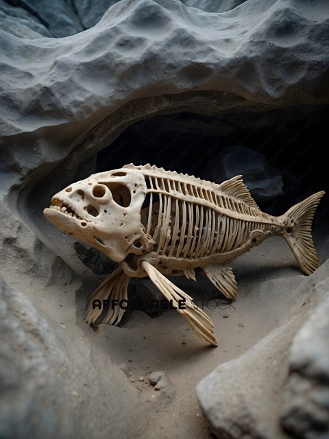 A skeleton of a fish is in a cave