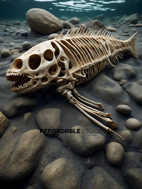 A skeleton of a fish with a mouth open