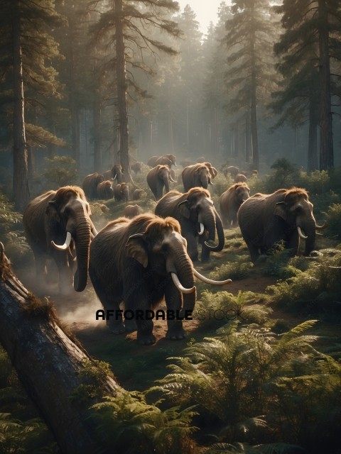 A herd of elephants walking through a forest