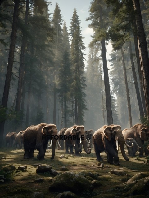 Herd of Elephants in a Forest